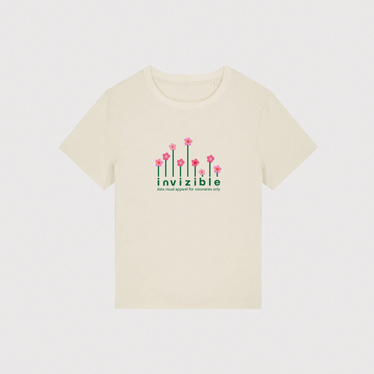 T-shirt pour femme de couleur beige avec un motif fleuri au centre. Ce modèle présente un imprimé floral qui représente une data visualisation autour du mot invizible
